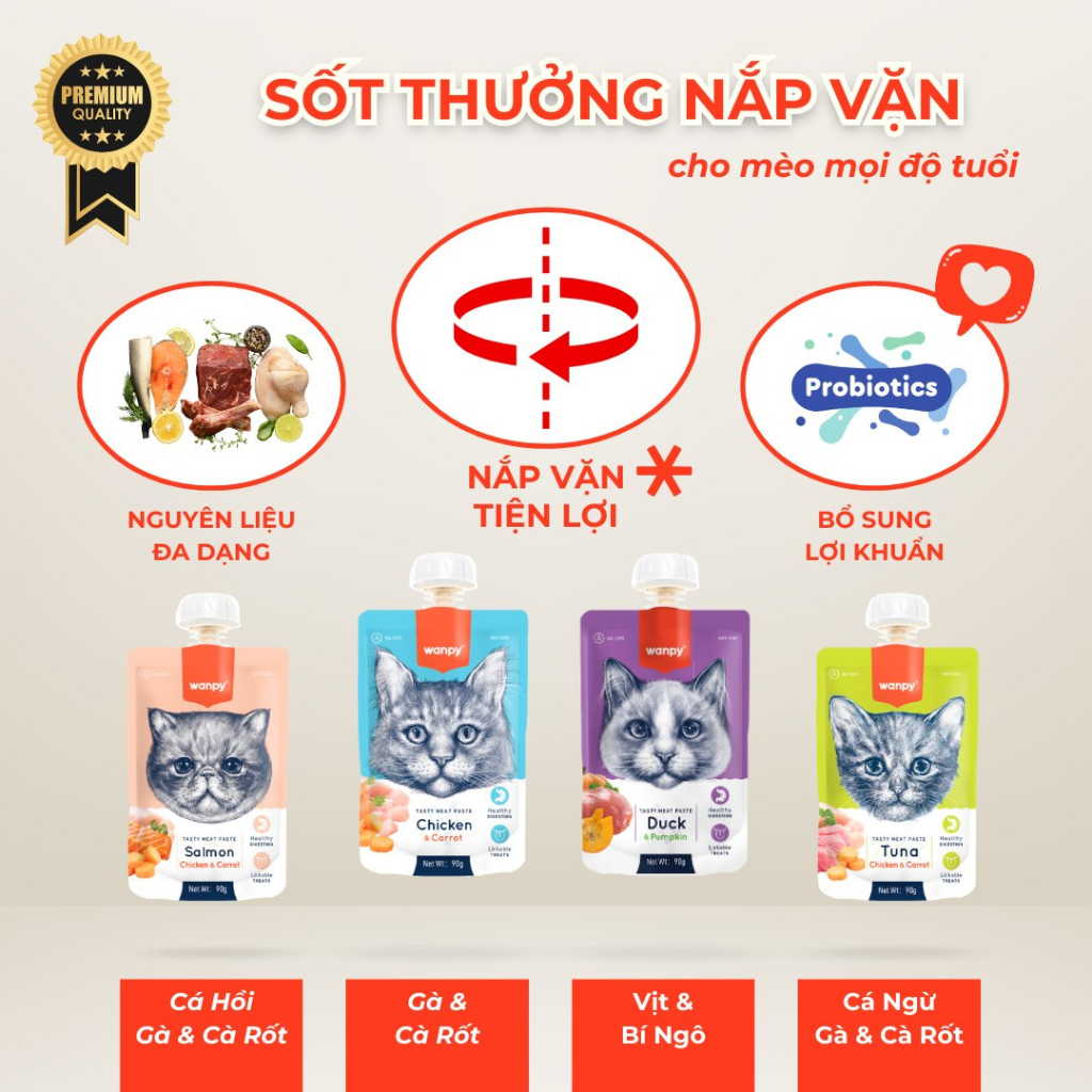 Súp Thưởng Nắp Vặn Wanpy Mèo Mọi Lứa Tuổi 90G