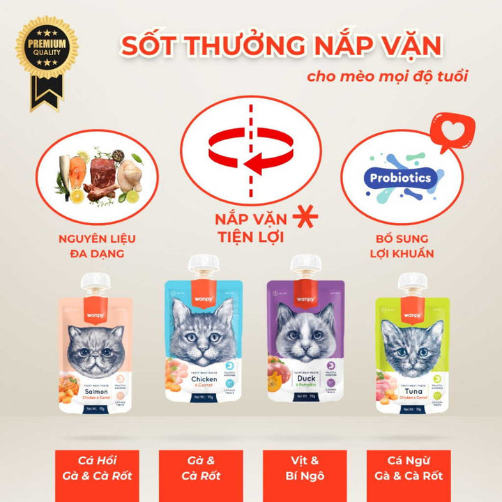 Súp Thưởng Nắp Vặn Wanpy Mèo Mọi Lứa Tuổi 90G