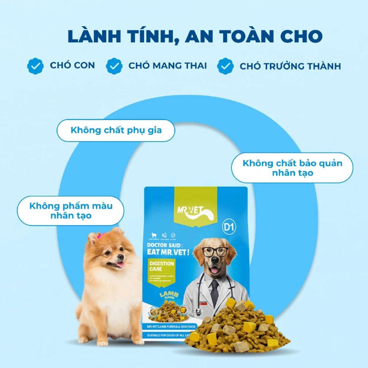 Hạt Mr.Vet D1 Hỗ Trợ Tiêu Hóa Cho Chó Mọi Lứa Tuổi, Công Thức Thịt Cừu Non, Túi 1.4Kg
