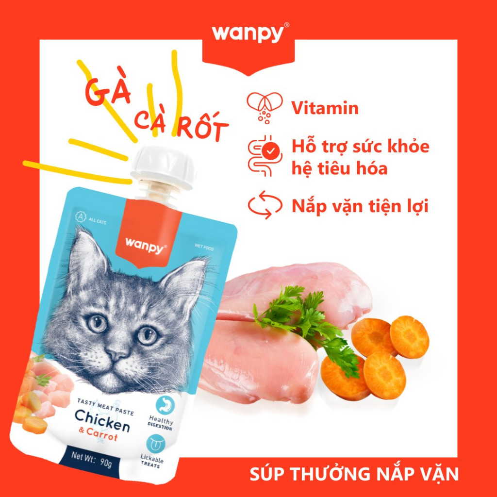 Súp Thưởng Nắp Vặn Wanpy Mèo Mọi Lứa Tuổi 90G