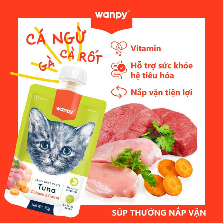 Súp Thưởng Nắp Vặn Wanpy Mèo Mọi Lứa Tuổi 90G