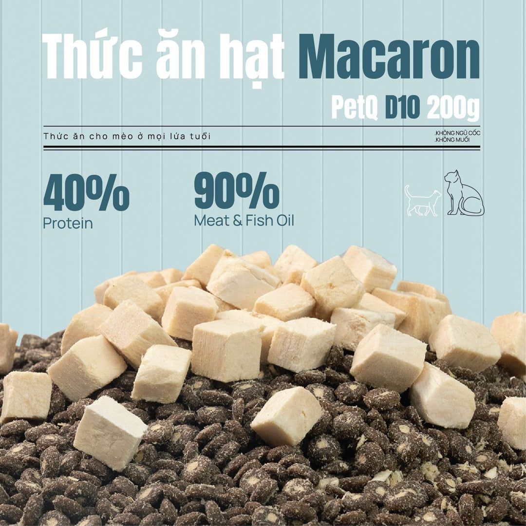 Thức Ăn Hạt Macaron D10, D5 PetQ Cho Mèo, Hộp 1.4Kg ( 7 gói x 200g)