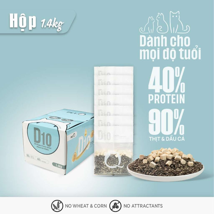 Thức Ăn Hạt Macaron D10, D5 PetQ Cho Mèo, Hộp 1.4Kg ( 7 gói x 200g)