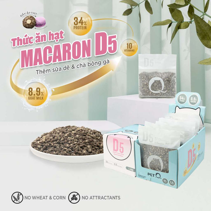 Thức Ăn Hạt Macaron D10, D5 PetQ Cho Mèo, Hộp 1.4Kg ( 7 gói x 200g)