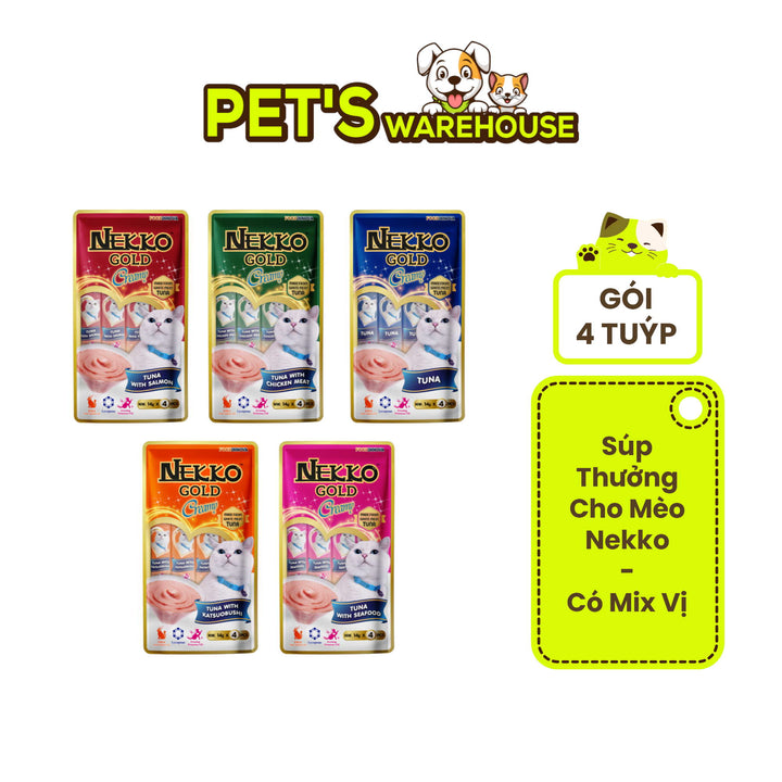 Súp thưởng Nekko Gold cho mèo mọi lứa tuổi, gói gồm 4 tuýp, tuýp 14g | Pet's Warehouse