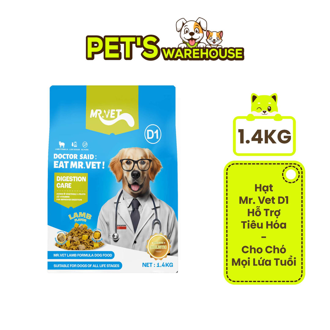Hạt Mr.Vet D1 Hỗ Trợ Tiêu Hóa Cho Chó Mọi Lứa Tuổi, Công Thức Thịt Cừu Non, Túi 1.4Kg
