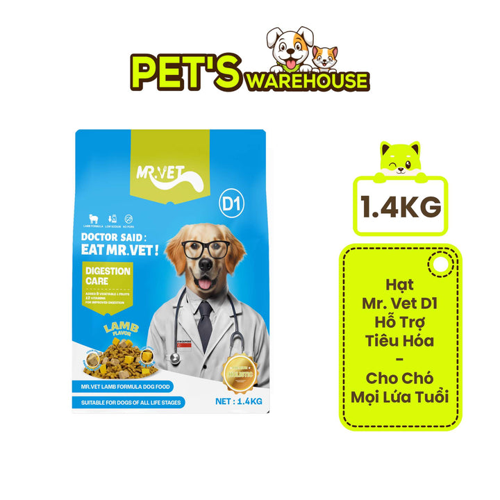 Hạt Mr.Vet D1 Hỗ Trợ Tiêu Hóa Cho Chó Mọi Lứa Tuổi, Công Thức Thịt Cừu Non, Túi 1.4Kg