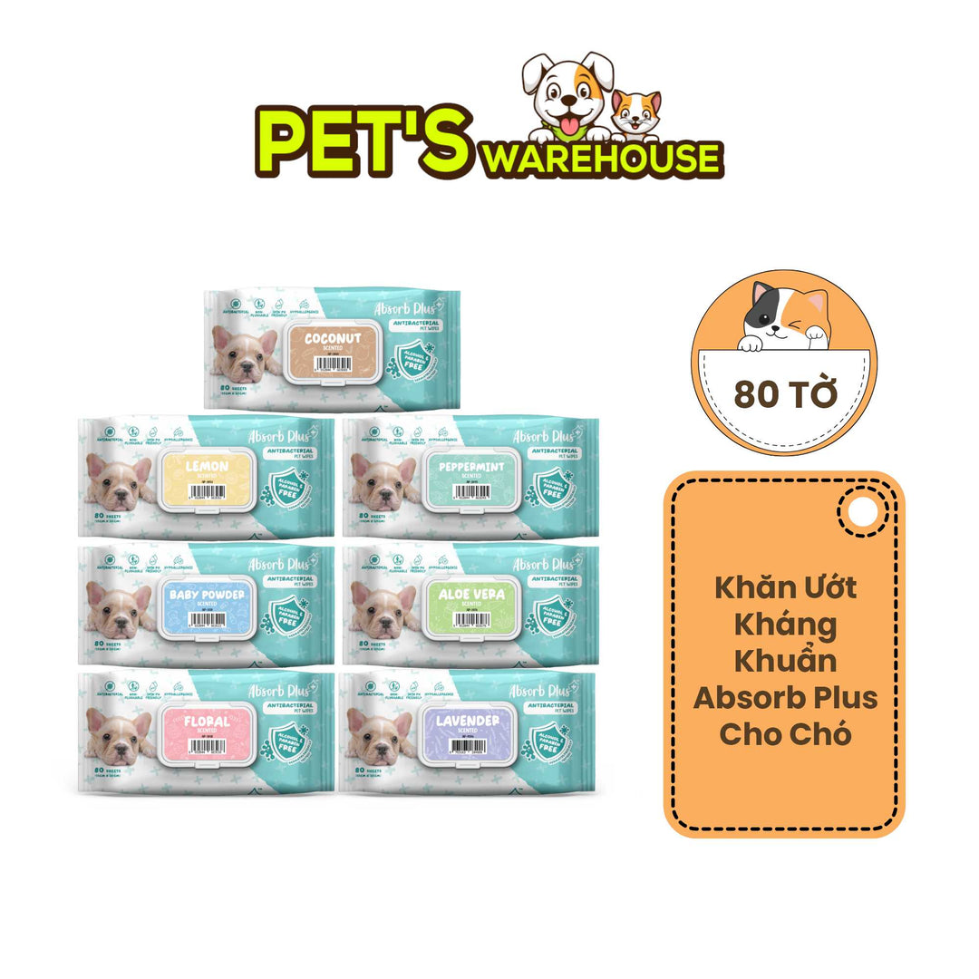 Khăn Ướt Kháng Khuẩn Absorb Plus Antibacterial Pet Wipes Cho Chó, Gói 80 Tờ