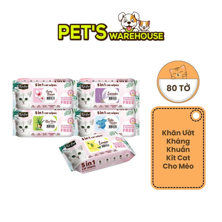 Khăn Ướt Kit Cat Kháng Khuẩn Cho Mèo, Gói 80 Tờ, Nhiều Hương