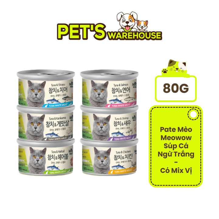 Pate Mèo Meowow Súp Cá Ngừ Trắng Nguyên Miếng Mix Vị, Mèo Mọi Lứa Tuổi, Lon 80g