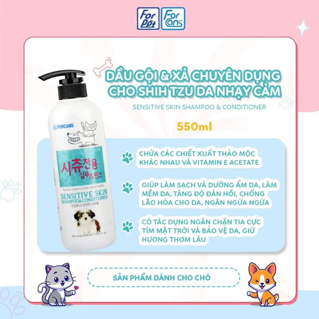 Dầu Gội Forcans Cho Chó Lông Xoăn Trắng, Chó Shih Tzu Da Nhạy Cảm, Chai 550ml