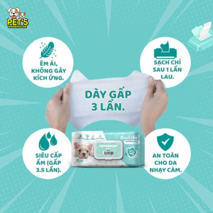 Khăn Ướt Kháng Khuẩn Absorb Plus Antibacterial Pet Wipes Cho Chó, Gói 80 Tờ