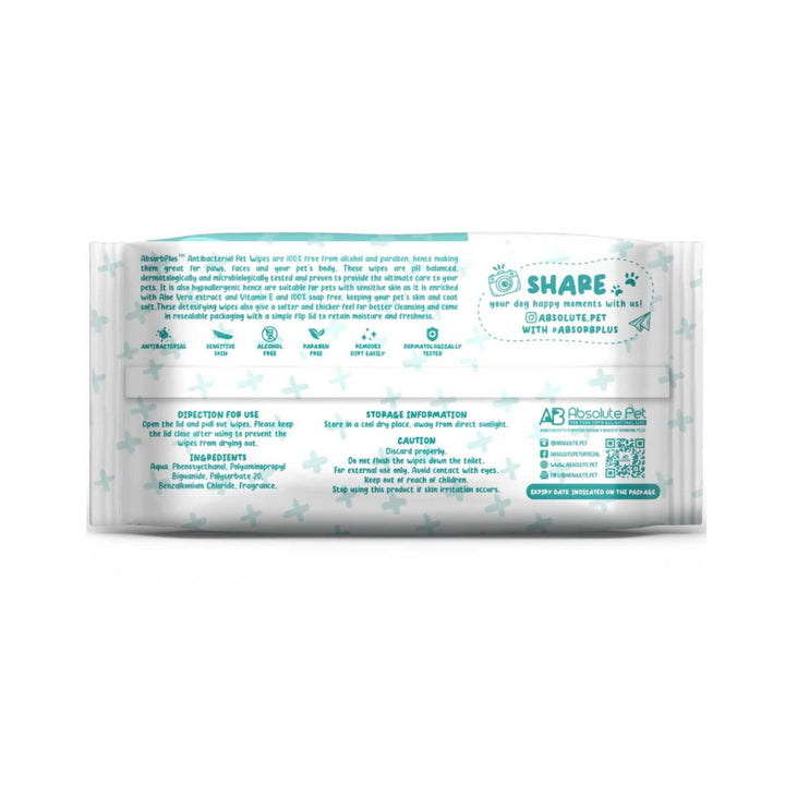 Khăn Ướt Kháng Khuẩn Absorb Plus Antibacterial Pet Wipes Cho Chó, Gói 80 Tờ