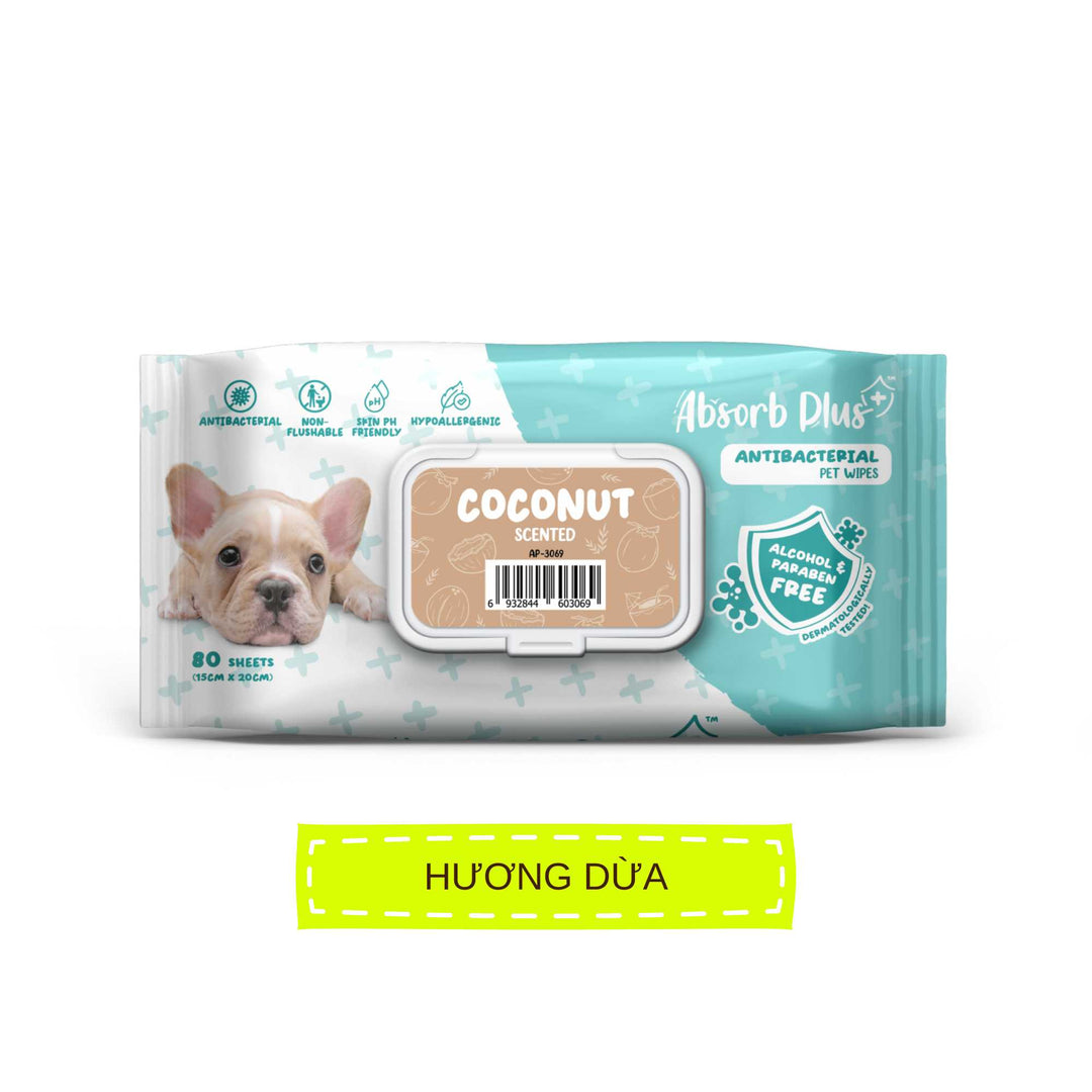 Khăn Ướt Kháng Khuẩn Absorb Plus Antibacterial Pet Wipes Cho Chó, Gói 80 Tờ