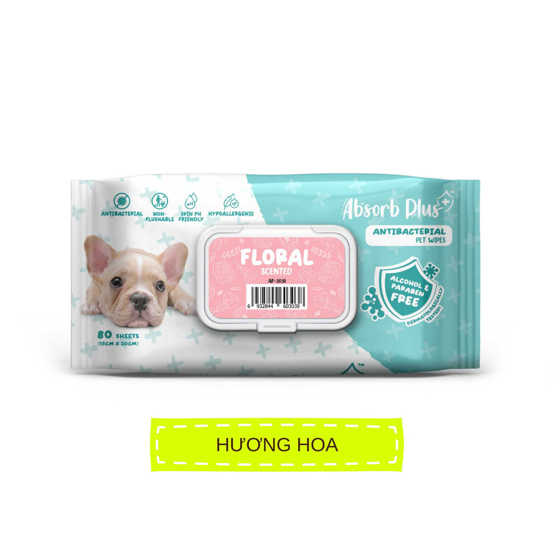 Khăn Ướt Kháng Khuẩn Absorb Plus Antibacterial Pet Wipes Cho Chó, Gói 80 Tờ