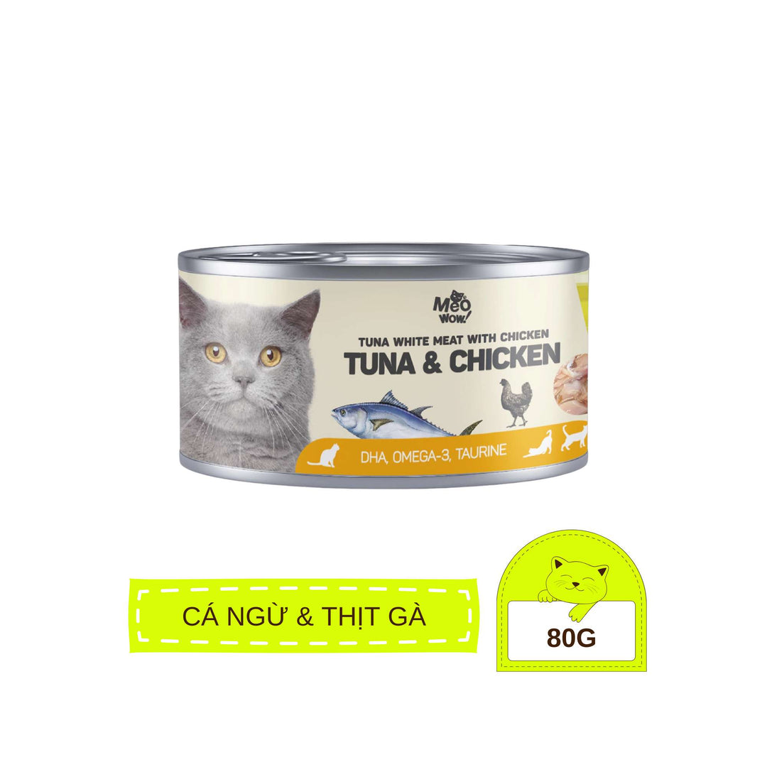 Pate Mèo Meowow Súp Cá Ngừ Trắng Nguyên Miếng Mix Vị, Mèo Mọi Lứa Tuổi, Lon 80g