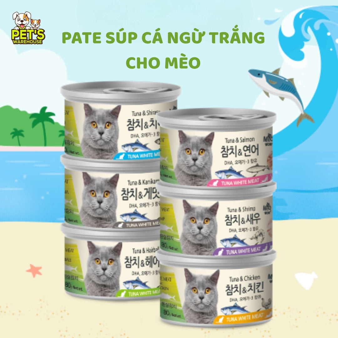 Pate Mèo Meowow Súp Cá Ngừ Trắng Nguyên Miếng Mix Vị, Mèo Mọi Lứa Tuổi, Lon 80g