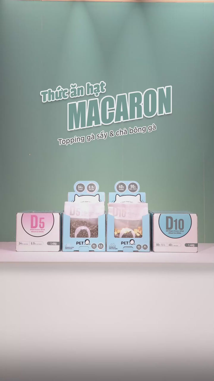 Thức Ăn Hạt Macaron D10, D5 PetQ Cho Mèo, Hộp 1.4Kg ( 7 gói x 200g)