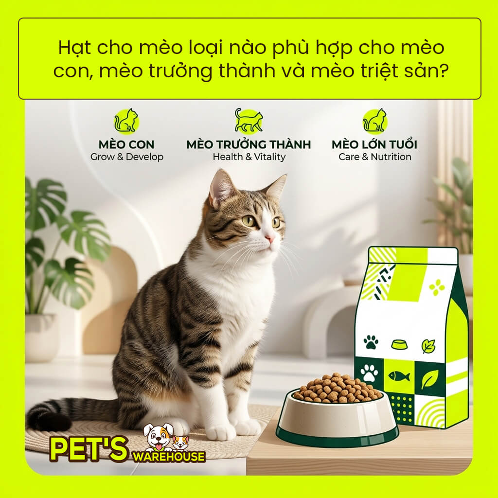 Hạt cho mèo loại nào phù hợp cho mèo con, mèo trưởng thành và mèo triệt sản?