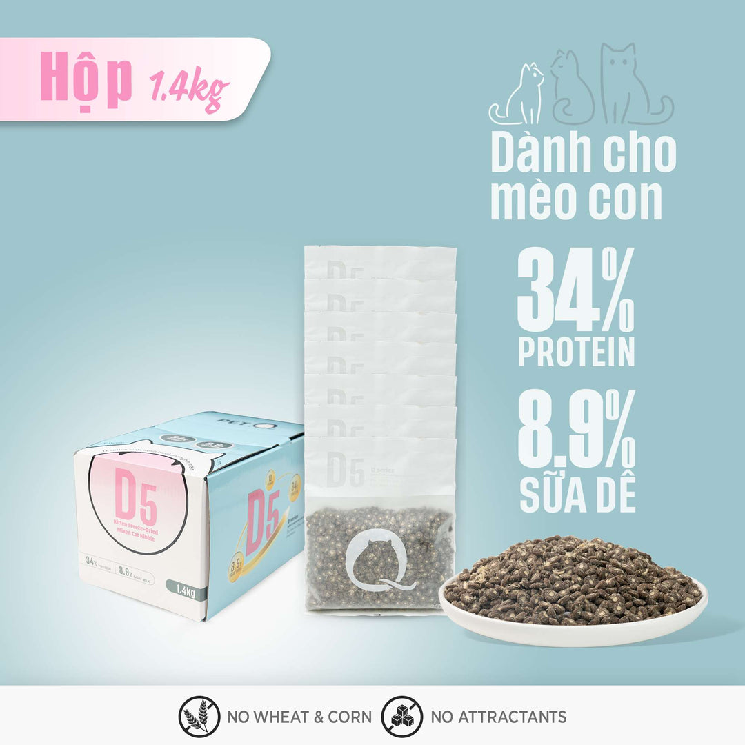 Thức Ăn Hạt Macaron D10, D5 PetQ Cho Mèo, Hộp 1.4Kg ( 7 gói x 200g)