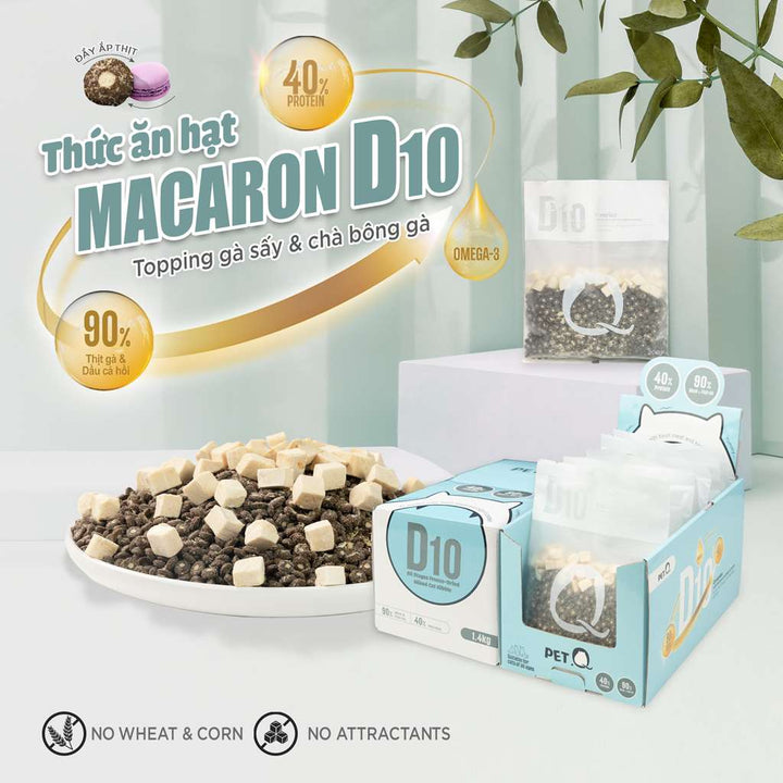 Thức Ăn Hạt Macaron D10, D5 PetQ Cho Mèo, Hộp 1.4Kg ( 7 gói x 200g)
