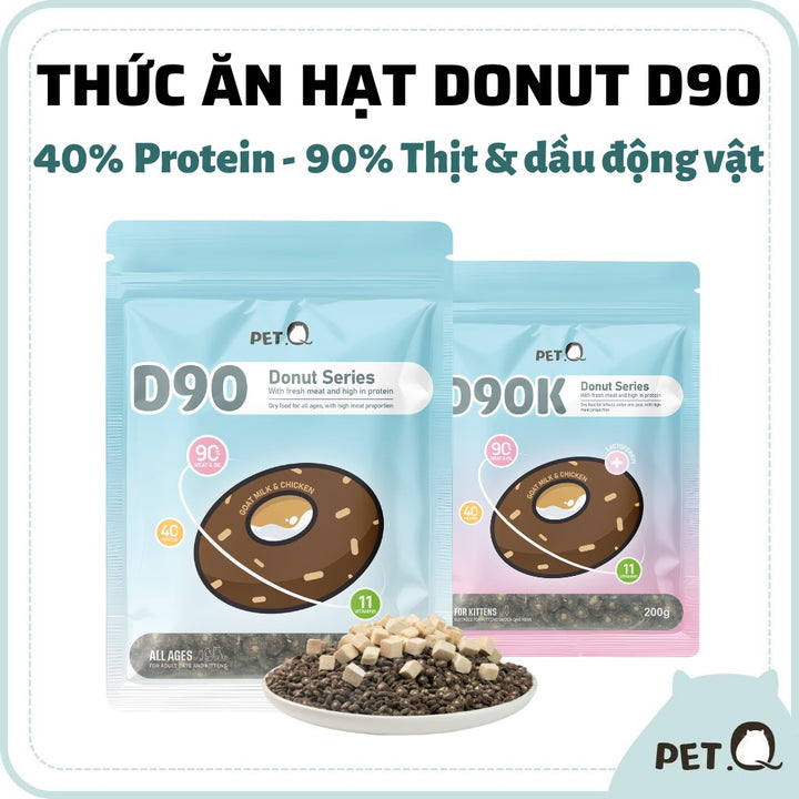 [Combo 5 - 10 gói] Thức Ăn Hạt Donut D90K D90 PetQ Cho Mèo, 200G