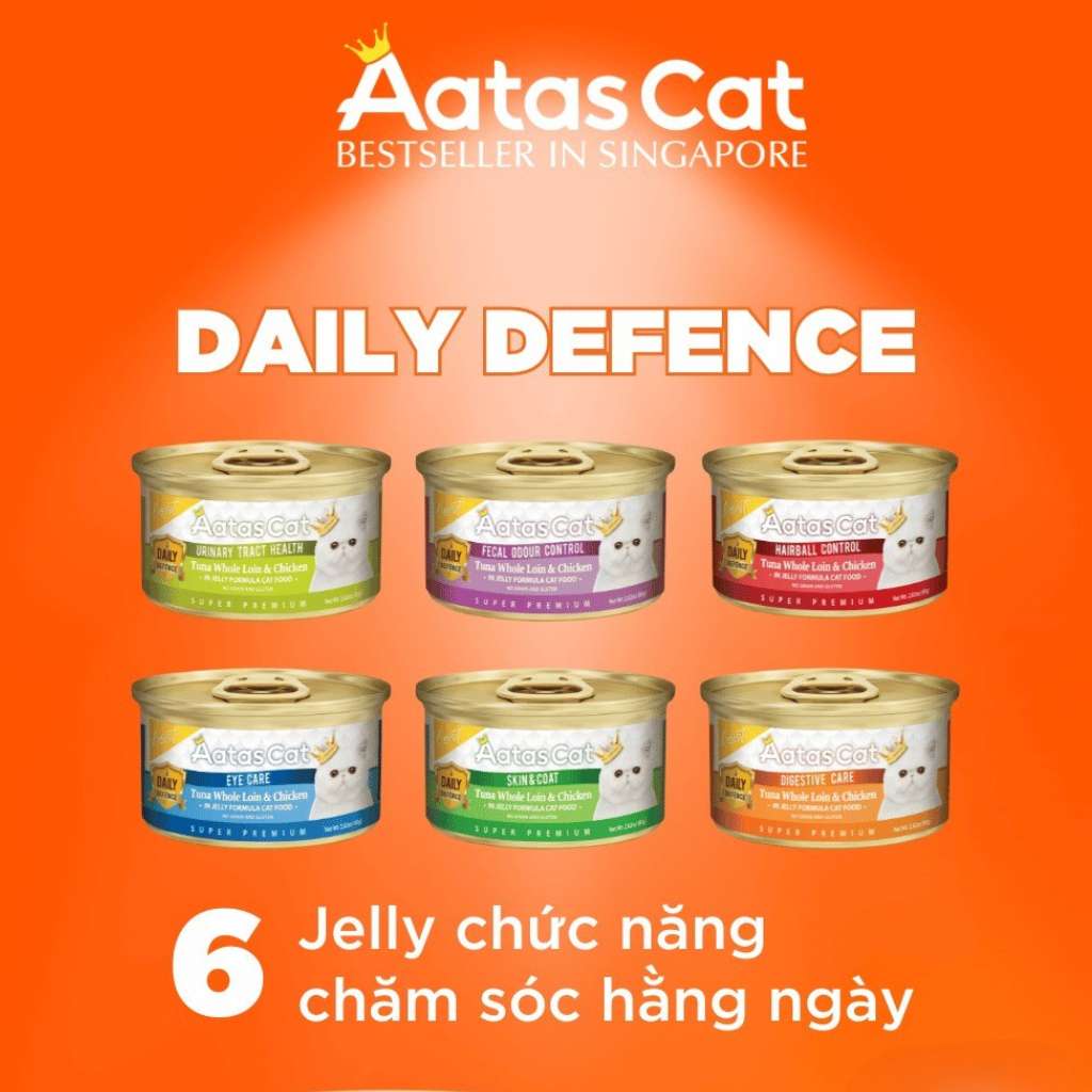 Pate Aatas Daily Defence, hỗ trợ chức năng cho mèo, lon 80g