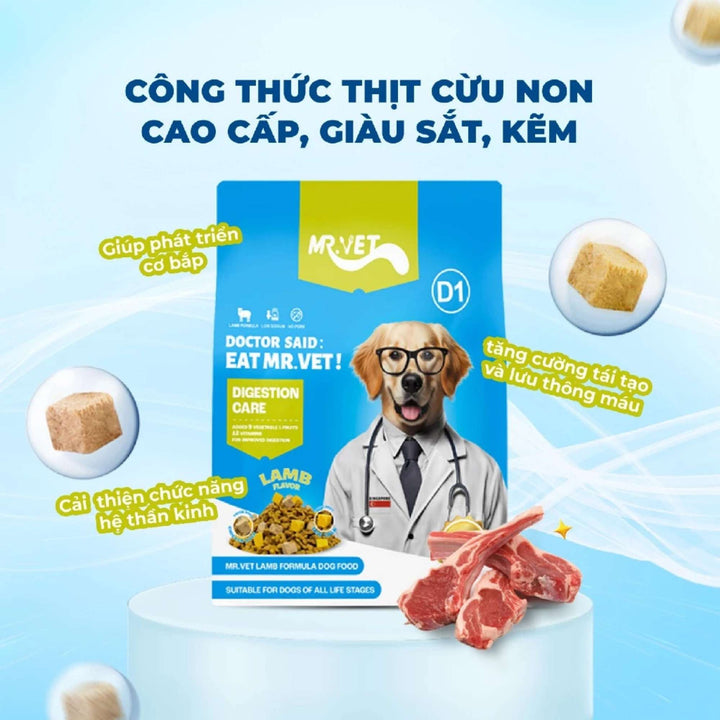 Hạt Mr.Vet D1 Hỗ Trợ Tiêu Hóa Cho Chó Mọi Lứa Tuổi, Công Thức Thịt Cừu Non, Túi 1.4Kg
