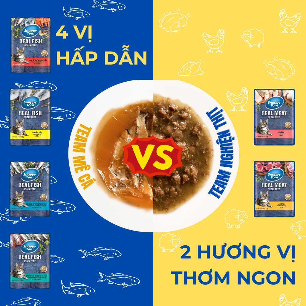 [Combo 12-24 gói] Pate Snappy Tom Real Fish Mèo 85G