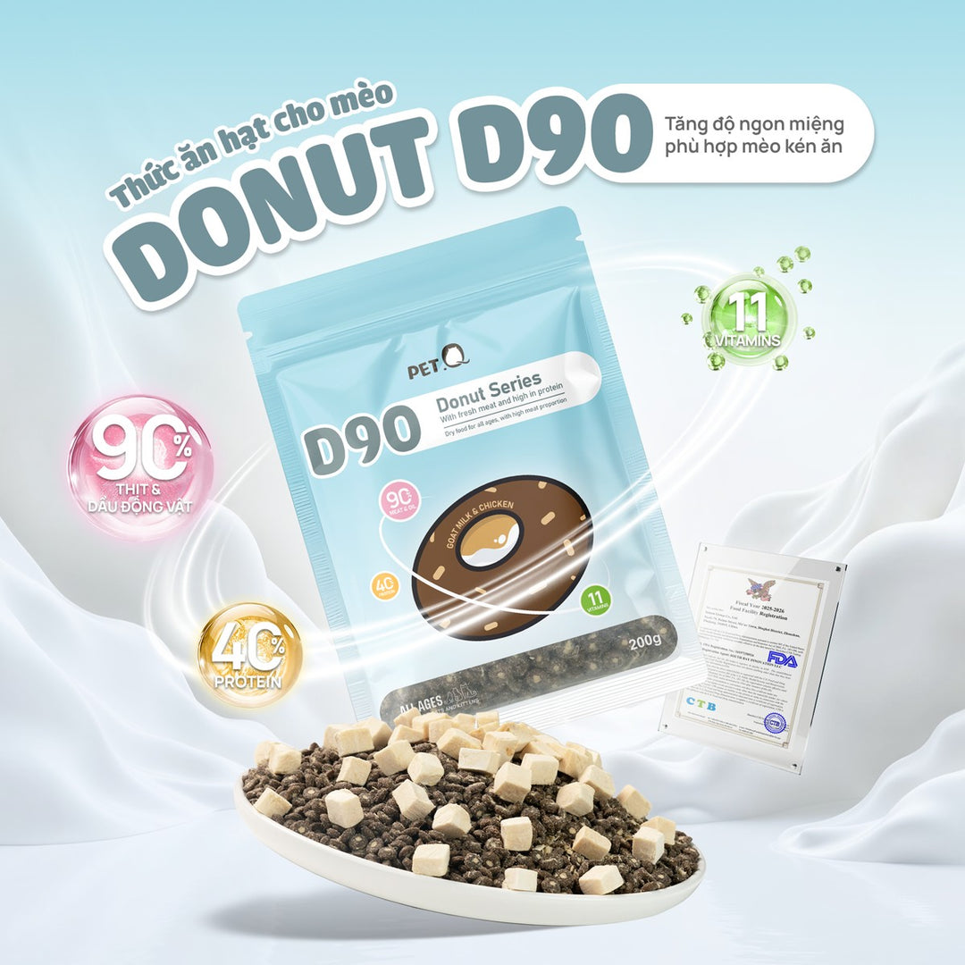 Thức Ăn Hạt Donut D90K D90 PetQ Cho Mèo, 200G