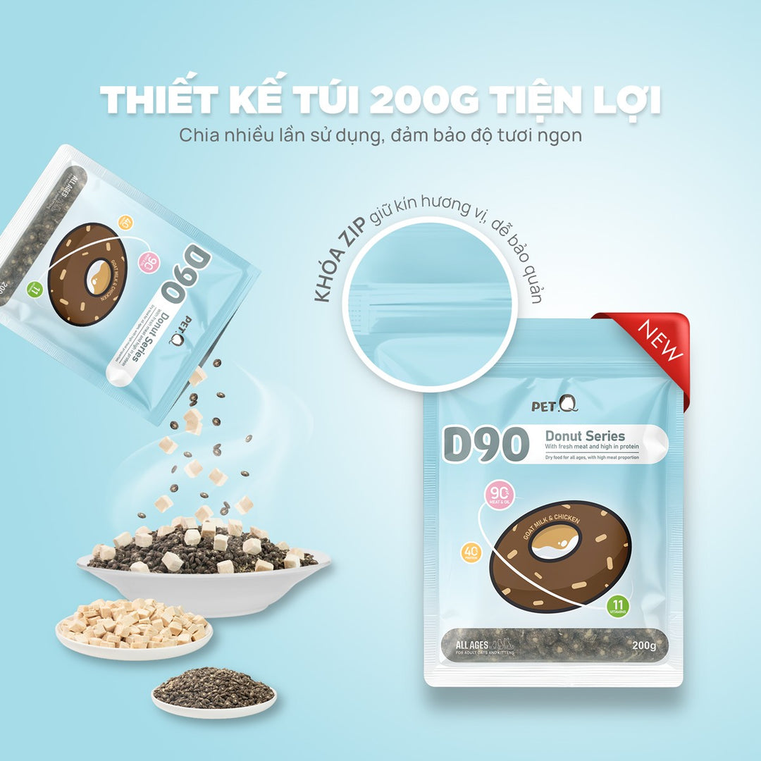 Thức Ăn Hạt Donut D90K D90 PetQ Cho Mèo, 200G
