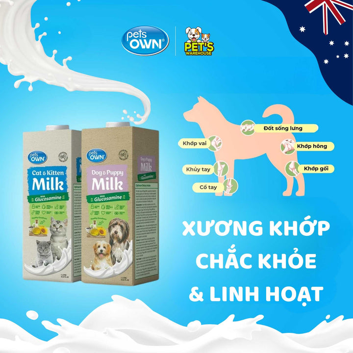 Sữa cho chó mèo Pets Own, nhập khẩu Úc, bổ sung Glucosamine, 1L