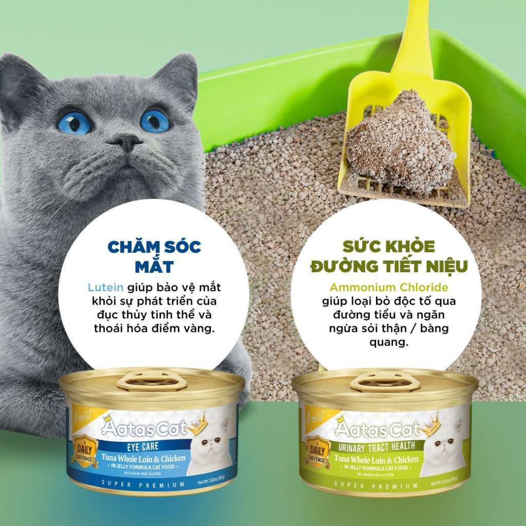 Pate Aatas Daily Defence, hỗ trợ chức năng cho mèo, lon 80g