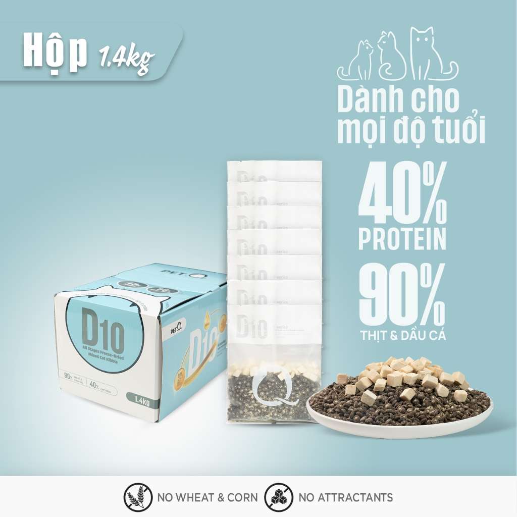 Thức Ăn Hạt Macaron D10, D5 PetQ Cho Mèo, Hộp 1.4Kg ( 7 gói x 200g)