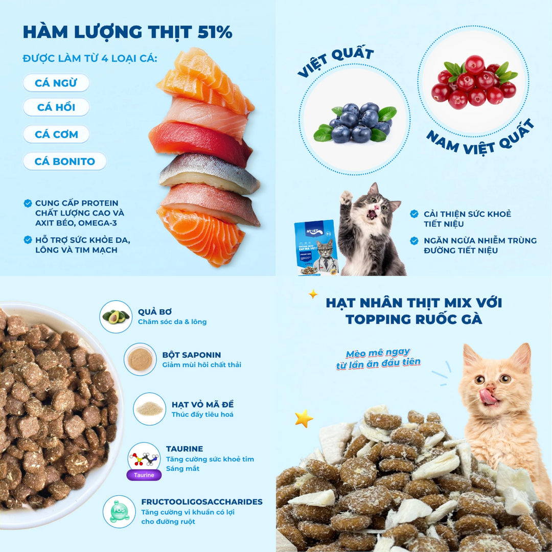 Hạt Mr.Vet Cho Mèo Mọi Lứa Tuổi, Nhiều Loại Theo Nhu Cầu, Túi 1Kg