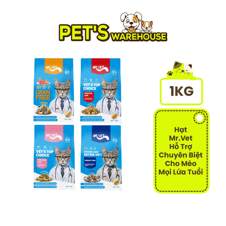 Hạt Mr.Vet Cho Mèo Mọi Lứa Tuổi, Nhiều Loại Theo Nhu Cầu, Túi 1Kg