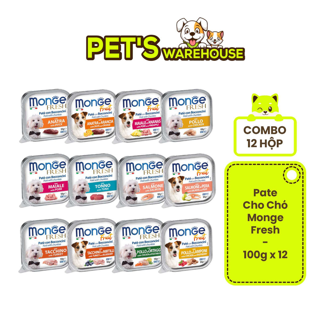 [Combo 12 hộp] Pate cho chó Monge nhiều vị, nhập khẩu từ Ý, 100g