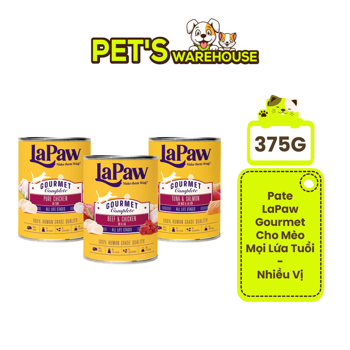 Pate LaPaw Gourmet Cho Mèo Mọi Lứa Tuổi, Lon 375g, Nhiều Vị