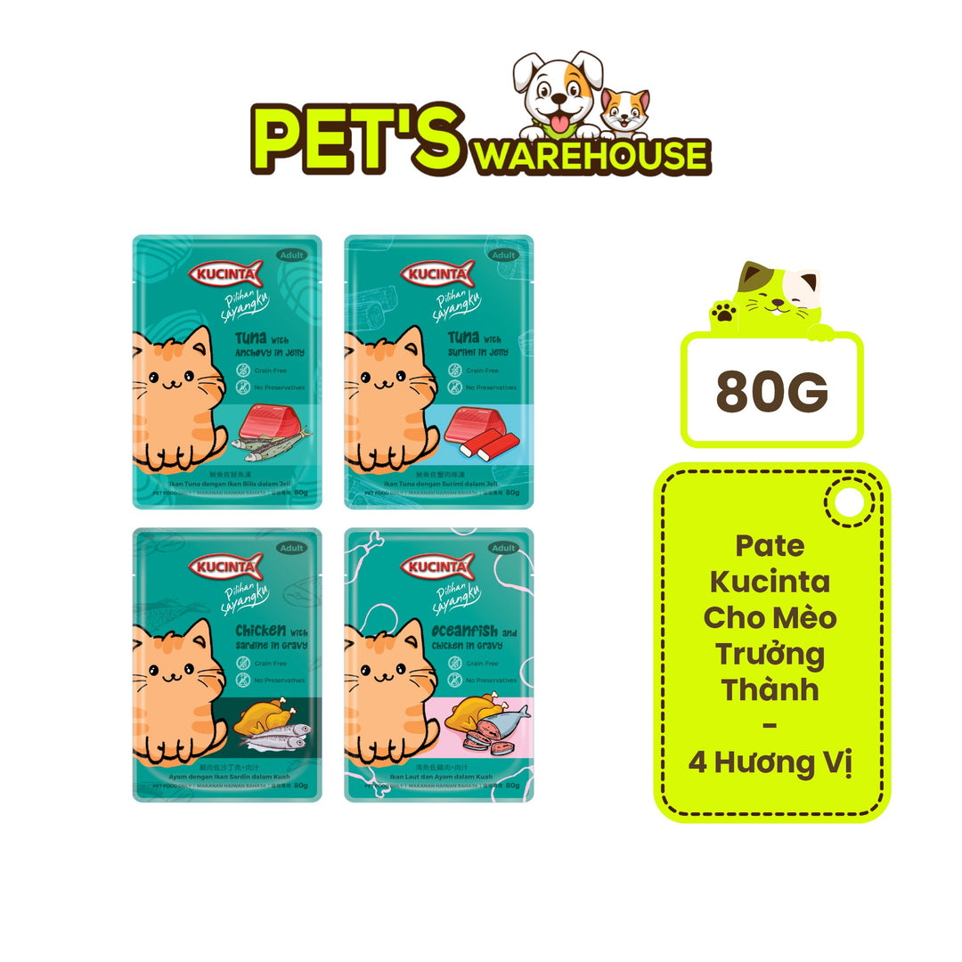 Pate Kucinta Cho Mèo Trưởng Thành, Gói 80g Tiện Lợi, Có Mix Vị