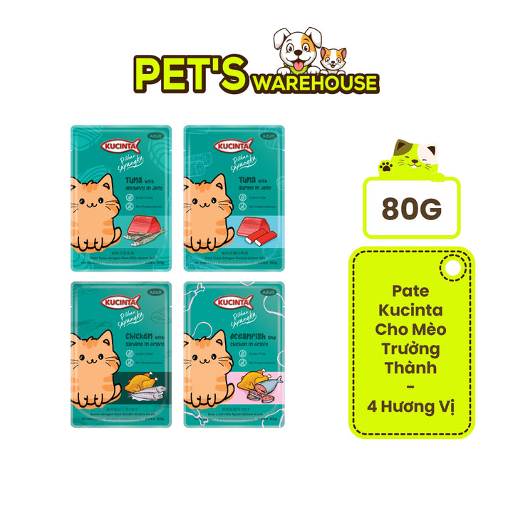 Pate Kucinta Cho Mèo Trưởng Thành, Gói 80g Tiện Lợi, Có Mix Vị