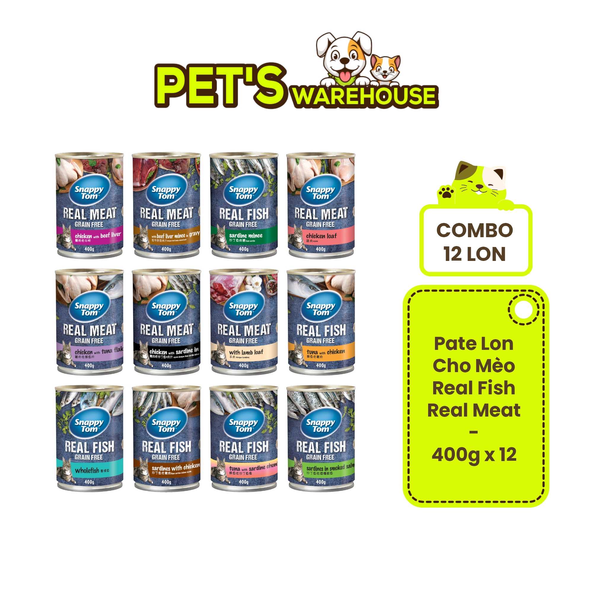 [Combo 12 Lon] Pate Snappy Tom Real Fish Mèo Lon 400G – Petswarehouse