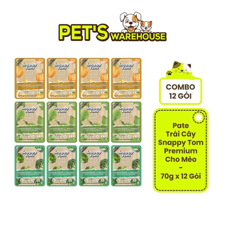 [Combo 12 Gói] Pate Snappy Tom Premium Cho Mèo, Giàu Đạm Gà, Rau Củ Bổ Sung Xơ, Gói 70g