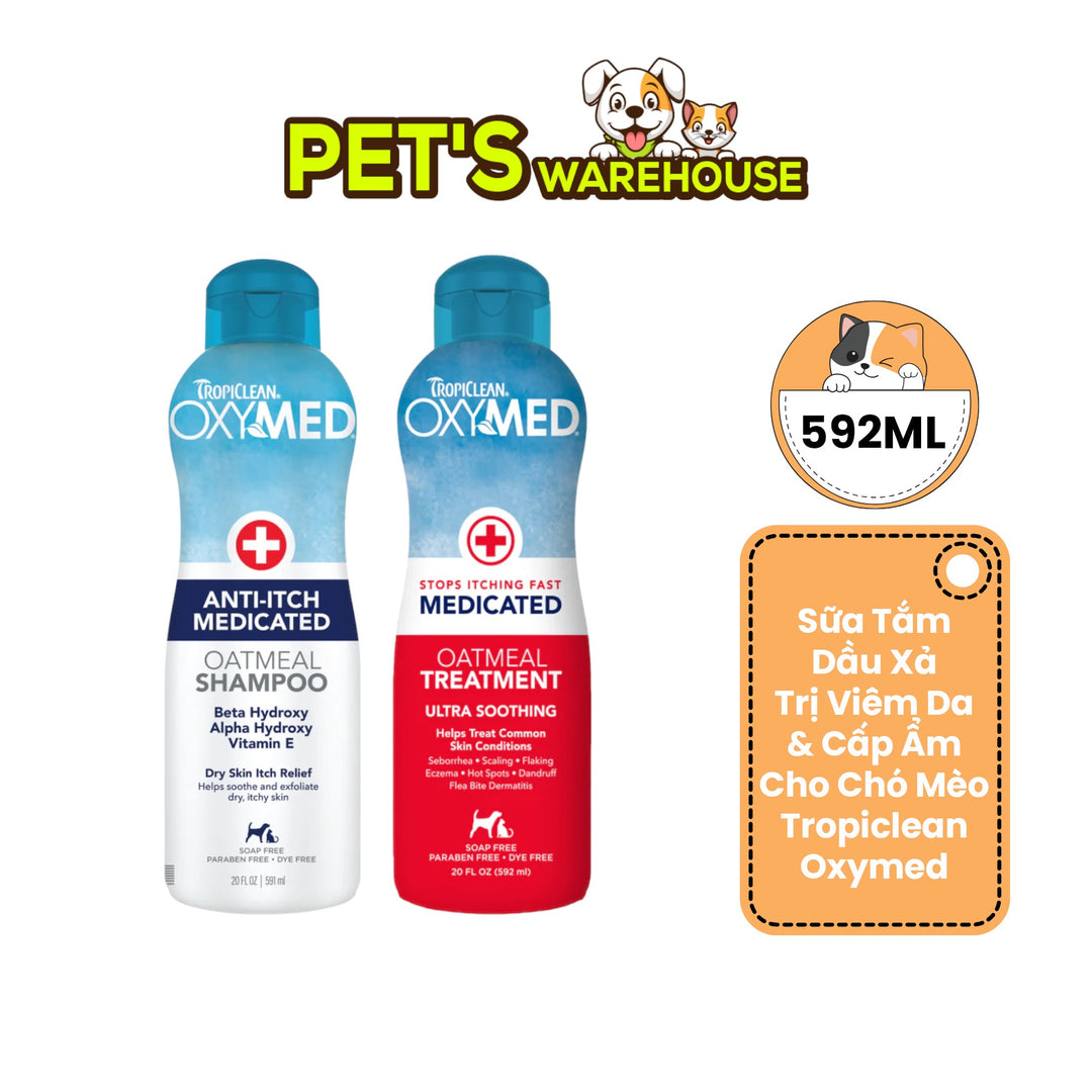 Sữa Tắm & Dầu Xả Viêm Da & Cấp Ẩm Cho Chó Mèo Tropiclean Oxymed, 592ml