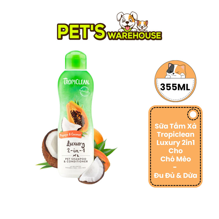 Sữa Tắm Xả 2in1 Tropiclean Luxury Cho Chó Mèo, Hương Đu Đủ & Dừa, 355ml