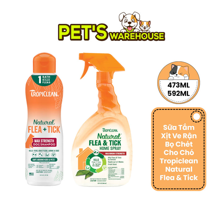 Sữa Tắm & Xịt Ve Rận, Bọ Chét Cho Chó Tropiclean Natural Flea & Tick (Mỹ)