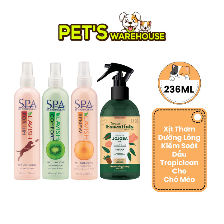 Xịt Thơm Dưỡng Lông Tropiclean Cho Chó Mèo, Chống Tia UV, Chống Bạc Màu Lông, Kiểm Soát Dầu, 236ml