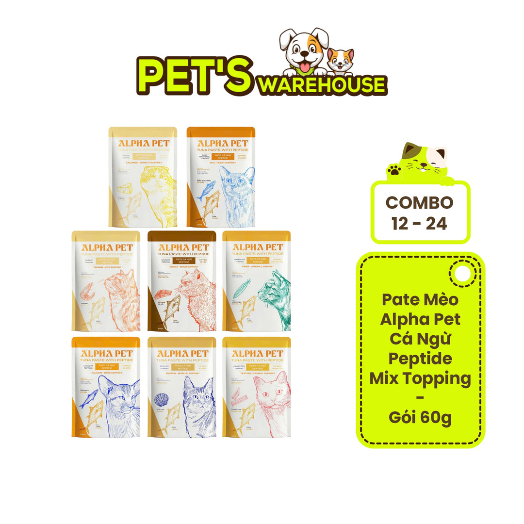 [Combo 12 - 24 Gói] Pate Mèo Alpha Pet Cá Ngừ Peptide, Mèo Mọi Lứa Tuổi, Mix 8 Loại Topping, Gói 60g