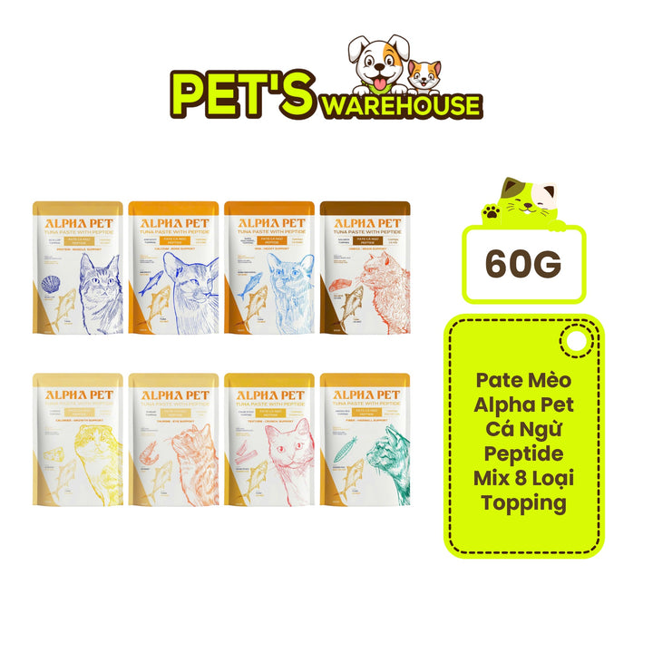 Pate Alpha Pet Cho Mèo Mọi Lứa Tuổi, Cá Ngừ Peptide Với 8 Loại Topping, Gói 60g