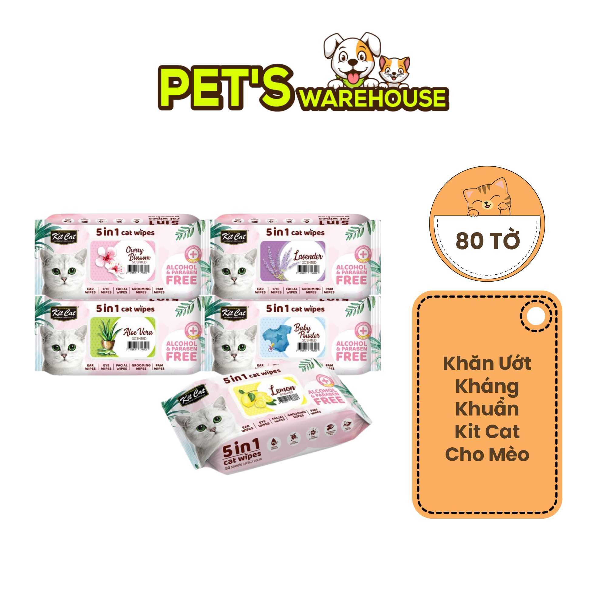 Khăn Ướt Kit Cat Kháng Khuẩn Cho Mèo, Gói 80 Tờ, Nhiều Hương ...