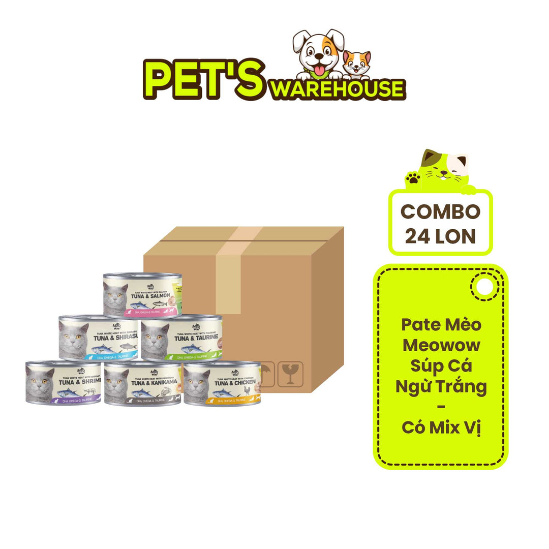 [Thùng 24 Lon] Pate Mèo Meowow Súp Cá Ngừ Trắng Nguyên Miếng, Mọi Lứa Tuổi, Lon 80g